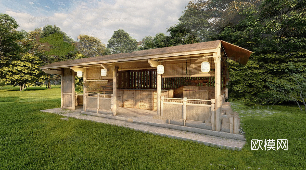 中式茶铺店铺廊架su模型