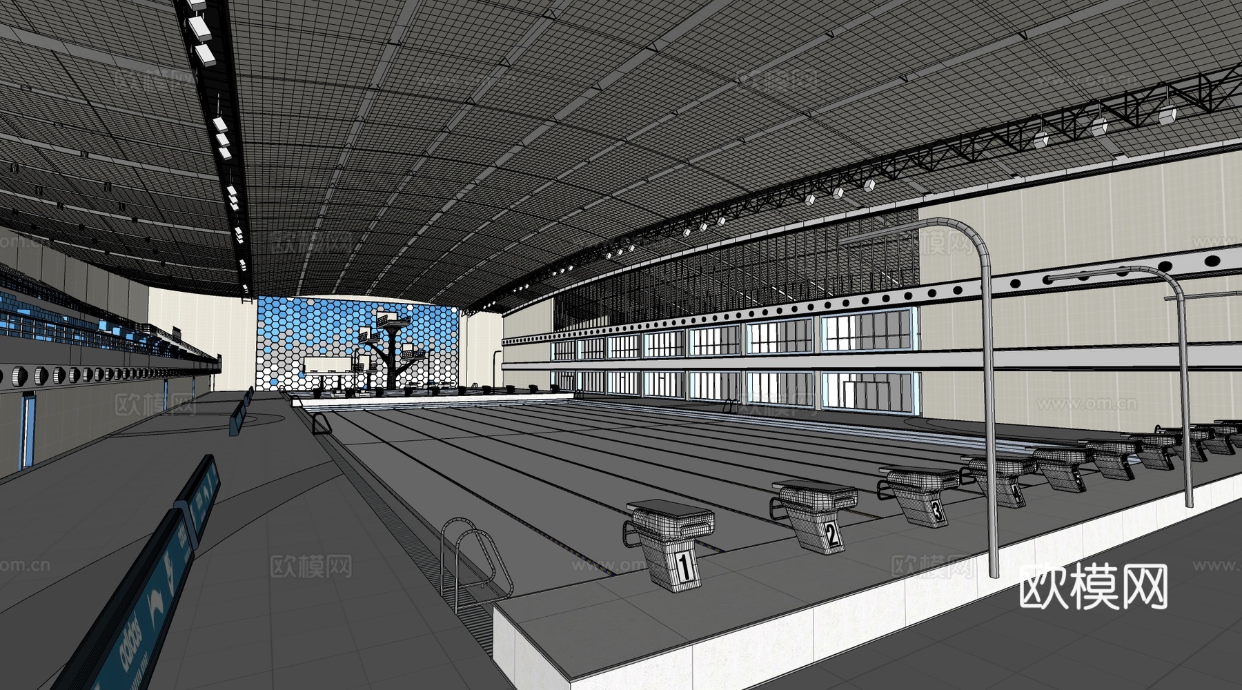 现代游泳池 游泳馆 游泳跳台su模型