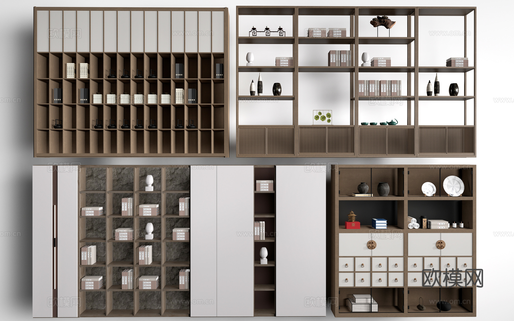 新中式装饰柜 新中式置物架 书架 茶具架su模型