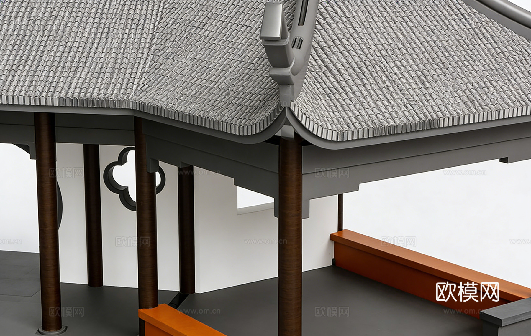 中式四角凉亭 飞檐翘角深灰瓦 棕色木柱美人靠 园林景观 古建su模型
