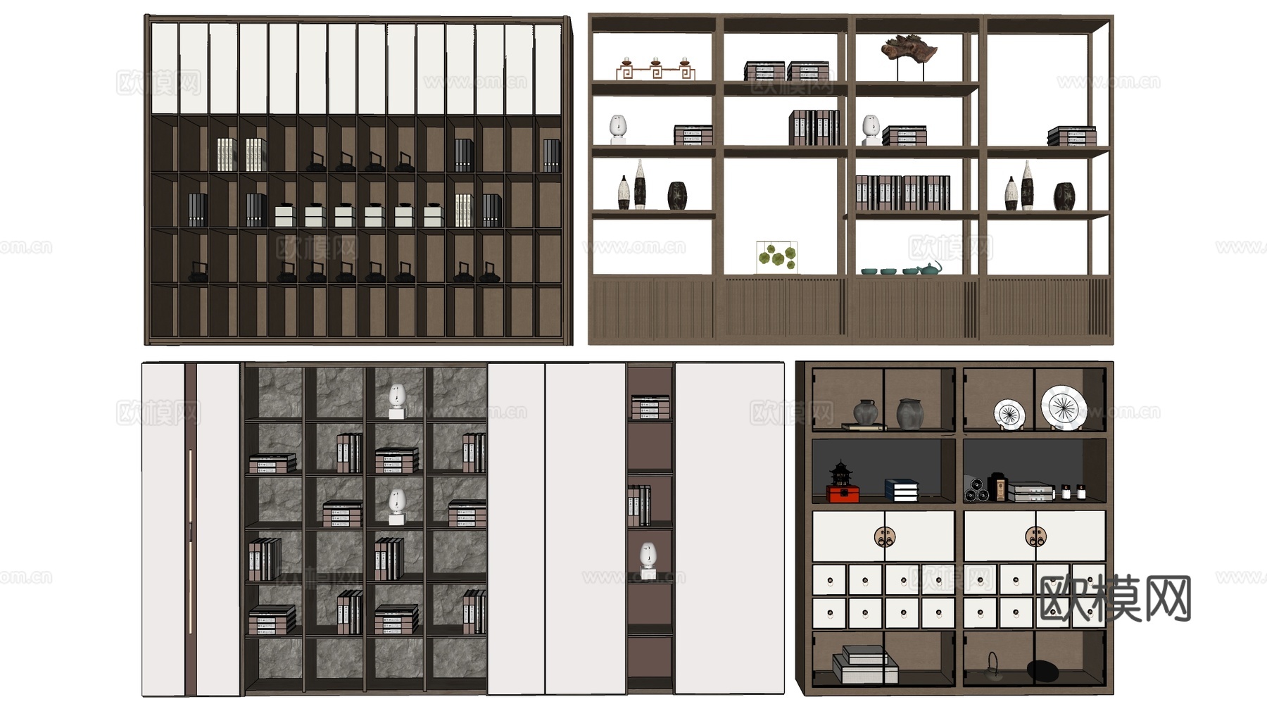 新中式装饰柜 新中式置物架 书架 茶具架su模型