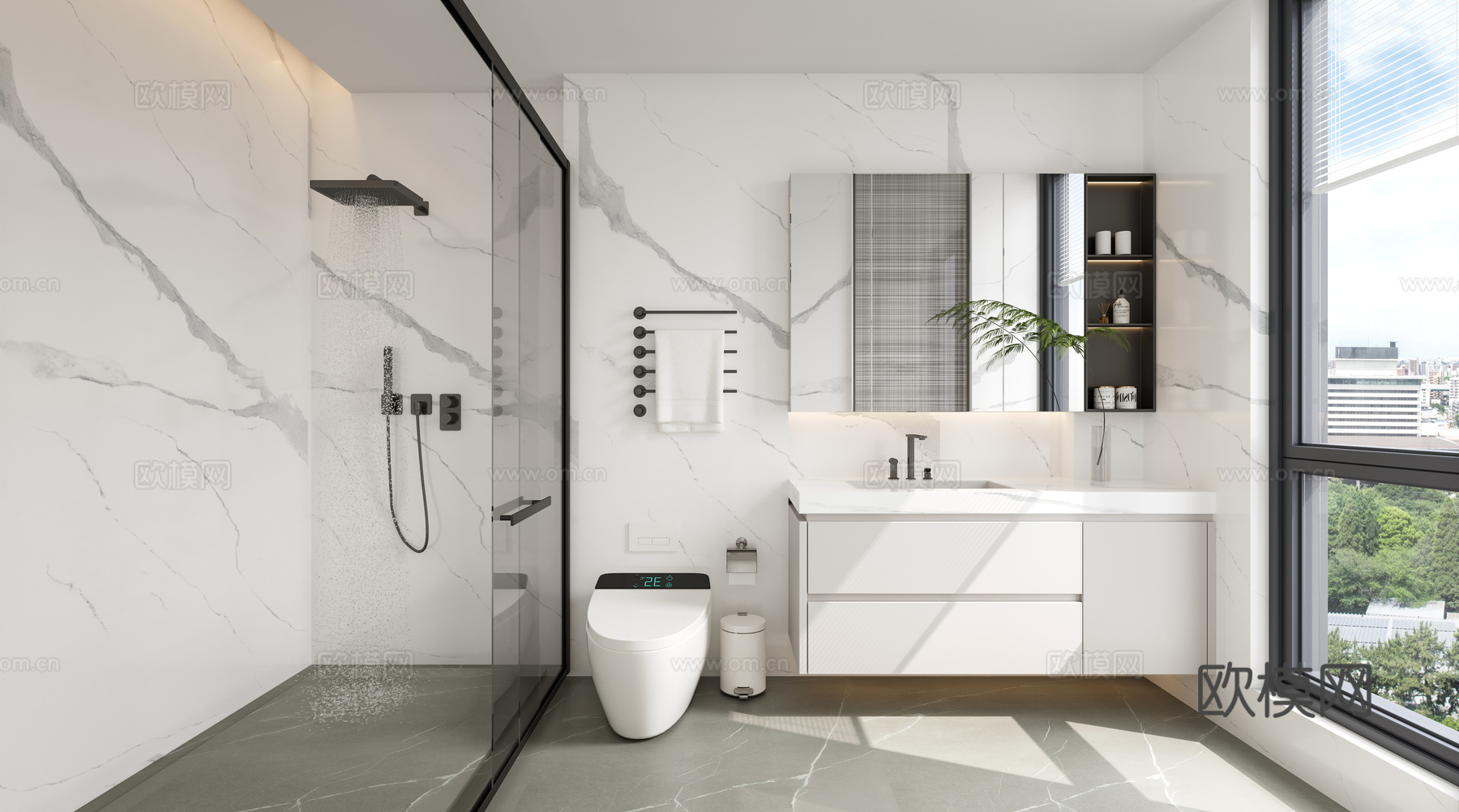 现代卫生间 干湿分离卫生间 卫浴柜 卫浴用品 奶油风卫生间su模型su模型
