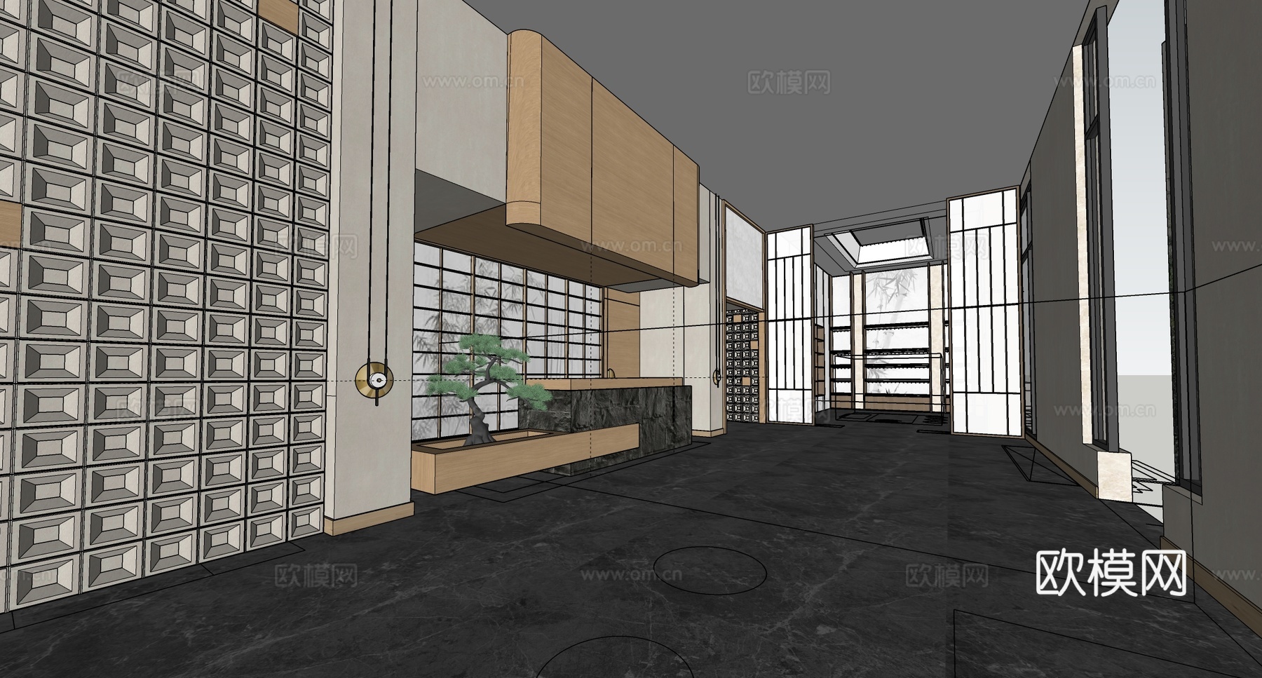 新中式酒店大堂 酒店大厅 足浴店大厅su模型