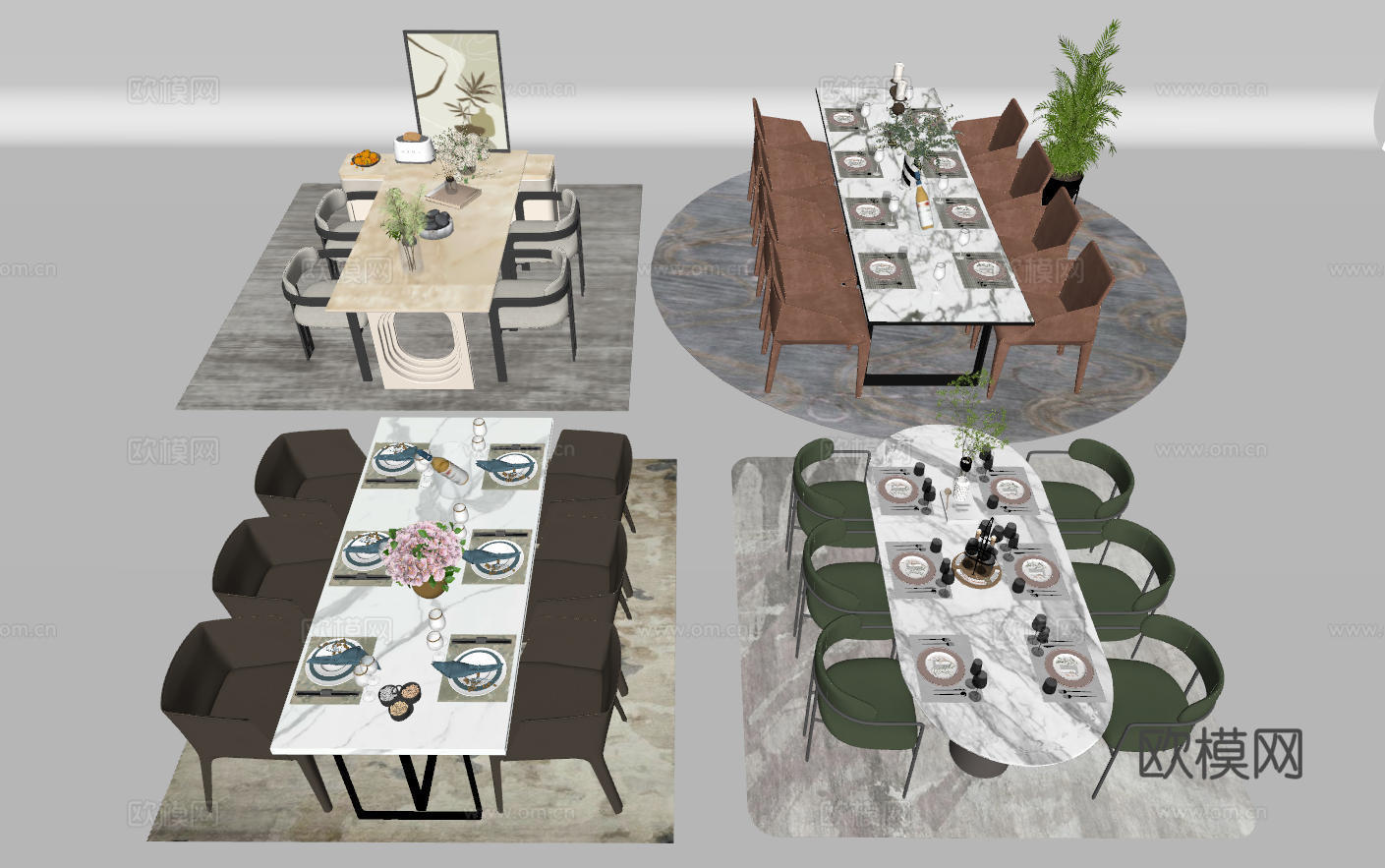 现代餐桌椅组合 餐椅 餐桌 皮质餐椅 餐桌摆件 北欧风餐桌椅su模型
