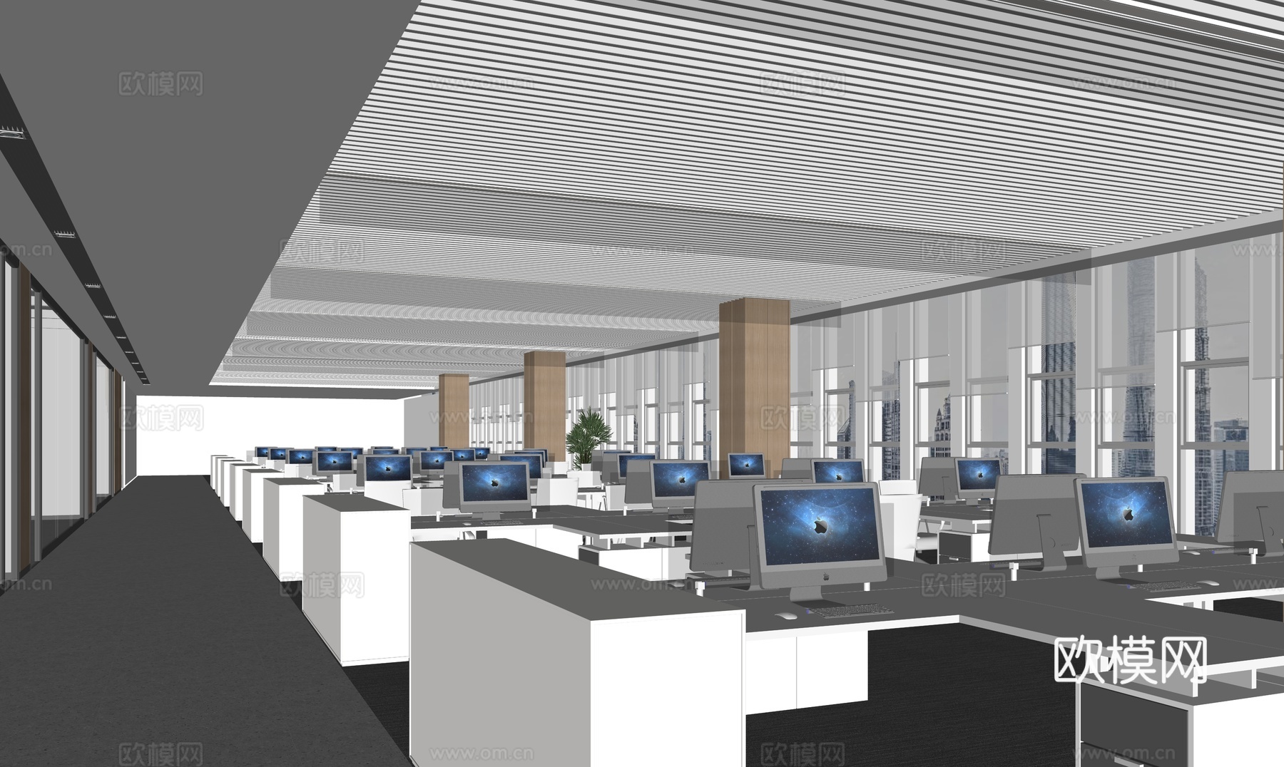 现代公共办公区_开放式办公室_员工办公区_过道_办公桌椅_办su模型