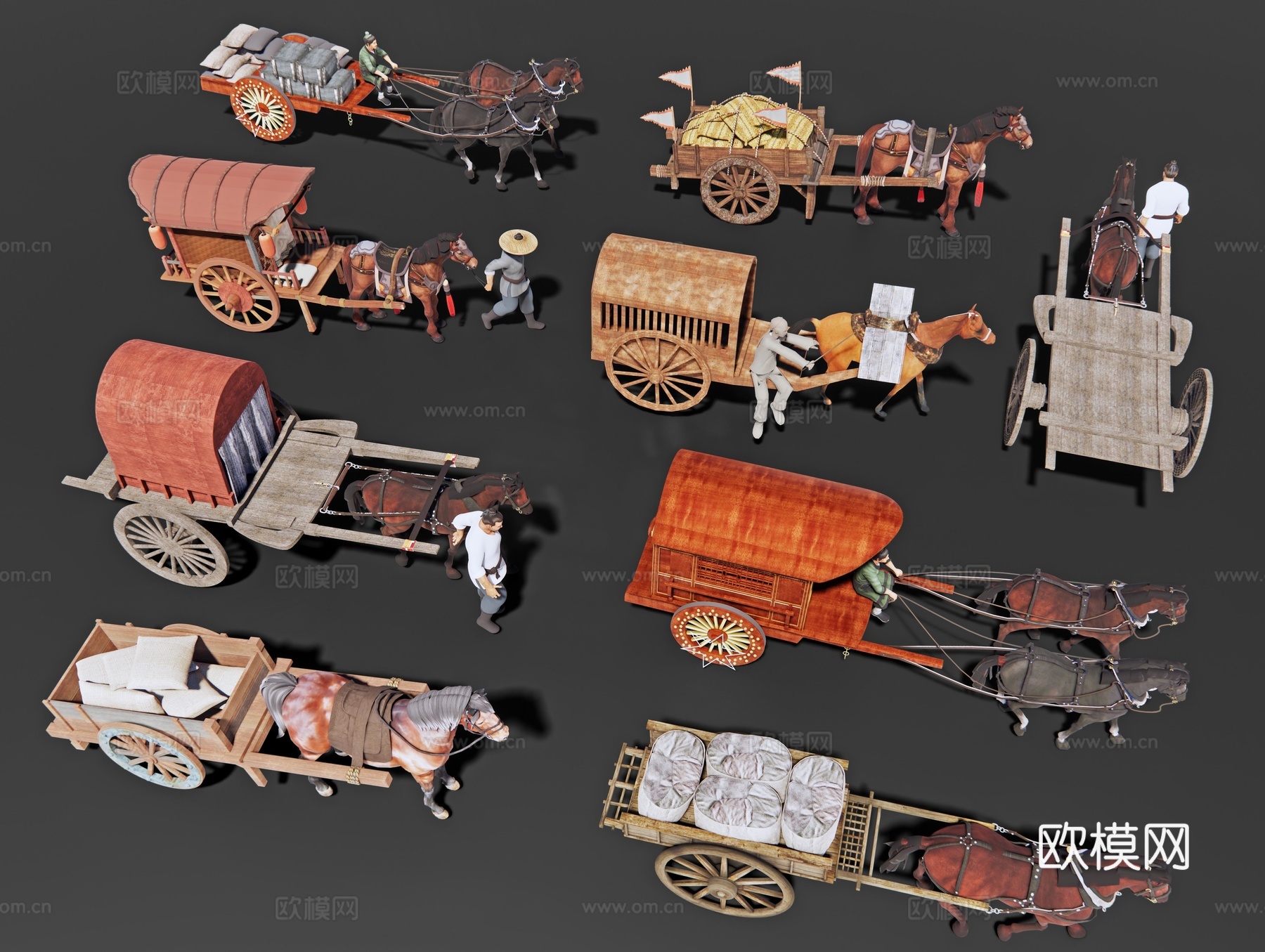 中式马车人物 古风货运人物 古代人物 集市小品su模型