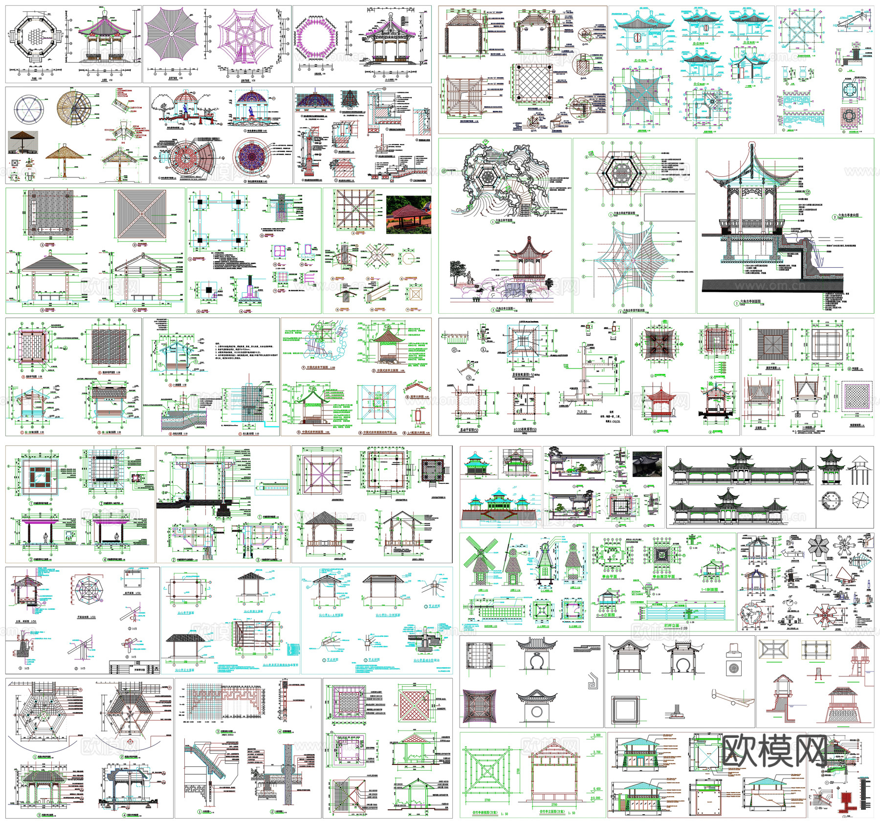 亭廊仿古亭景观亭凉亭茅草亭观景阁工艺详图节点CAD素材图库cad施工图