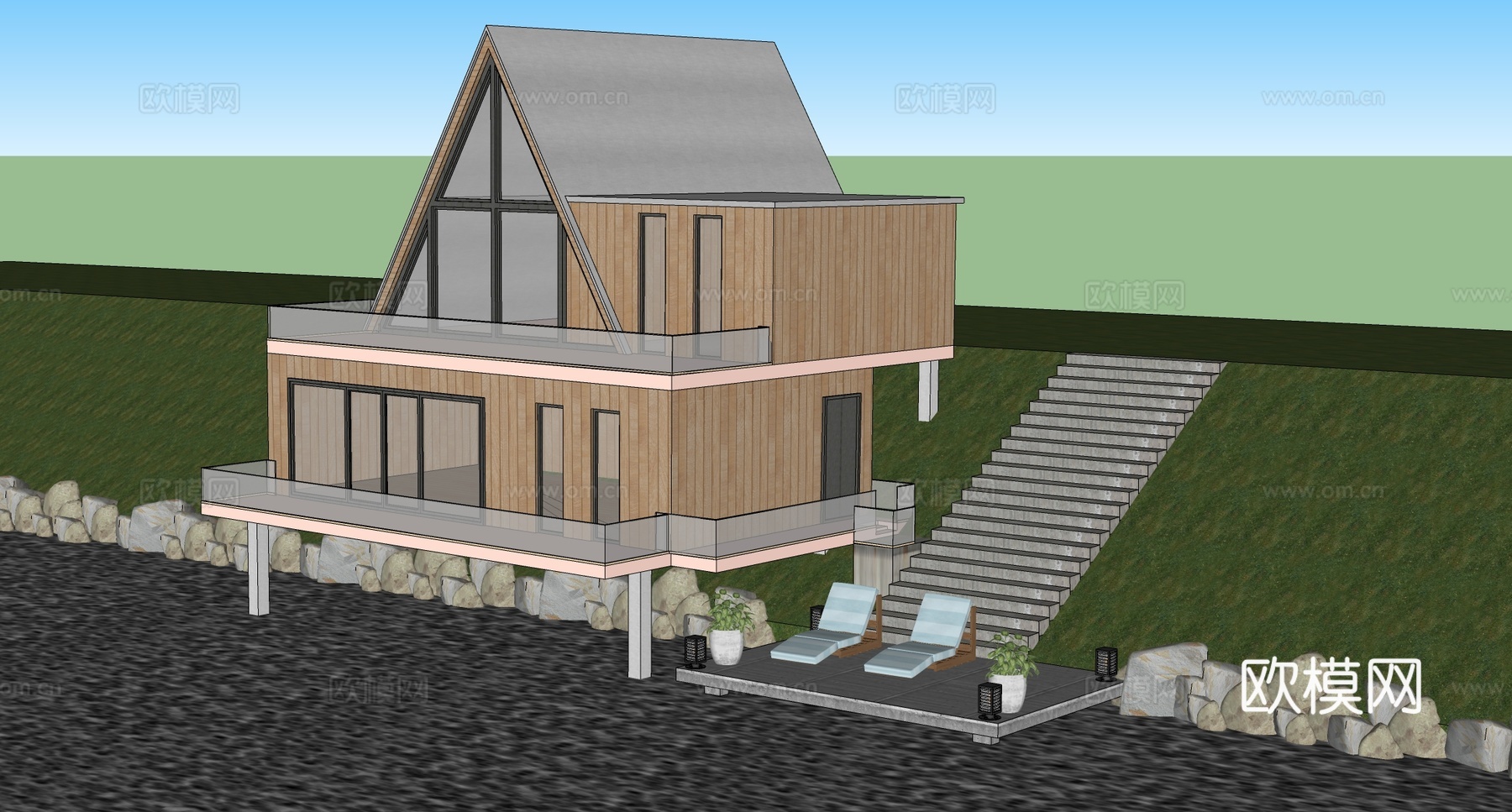 现代滨水民宿建筑 木屋建筑su模型