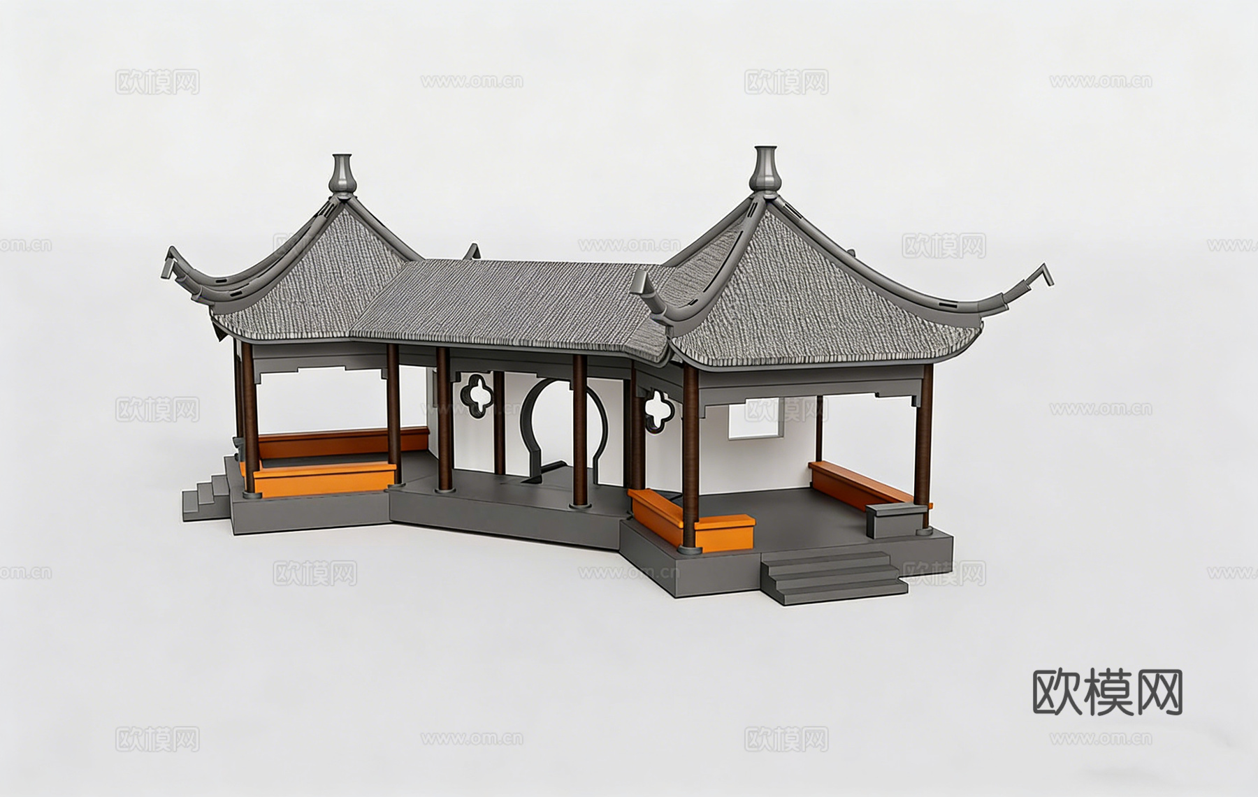 中式四角凉亭 飞檐翘角深灰瓦 棕色木柱美人靠 园林景观 古建su模型