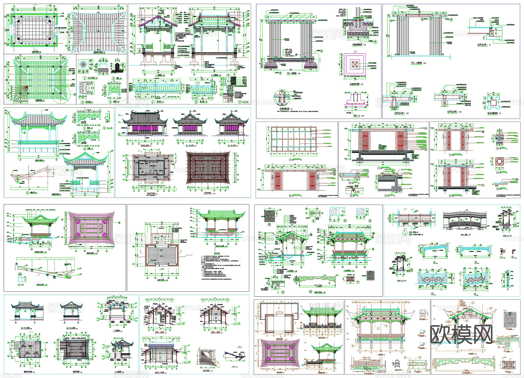 景观园林廊架景观园林水榭剖面做法工艺详图节点CAD素材图库cad施工图