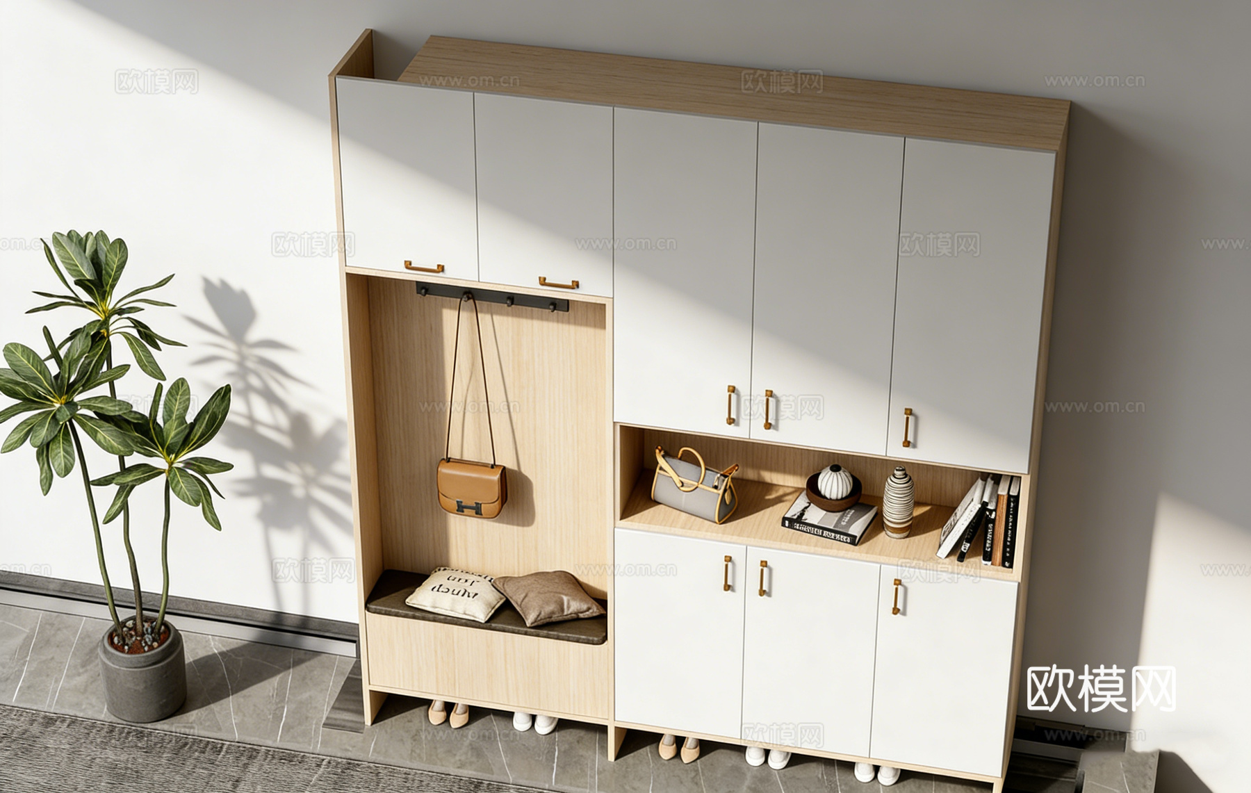 现代简约玄关  软包储物换鞋凳 穿鞋凳 鞋柜 棕色皮质手提包su模型