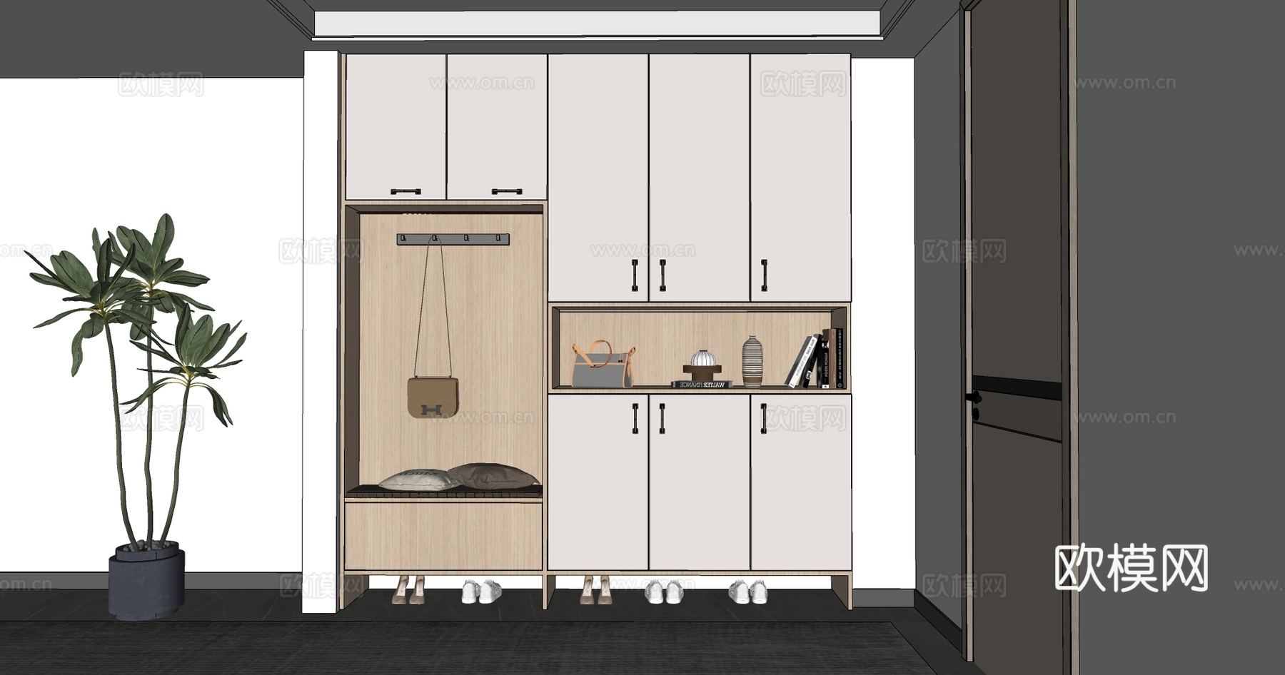 现代简约玄关  软包储物换鞋凳 穿鞋凳 鞋柜 棕色皮质手提包su模型