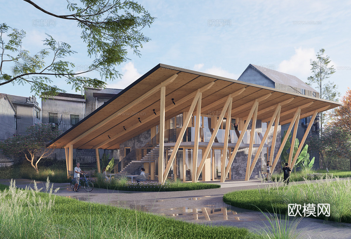 现代原木木屋 特色乡建 乡村工坊 坡屋顶建筑su模型su模型