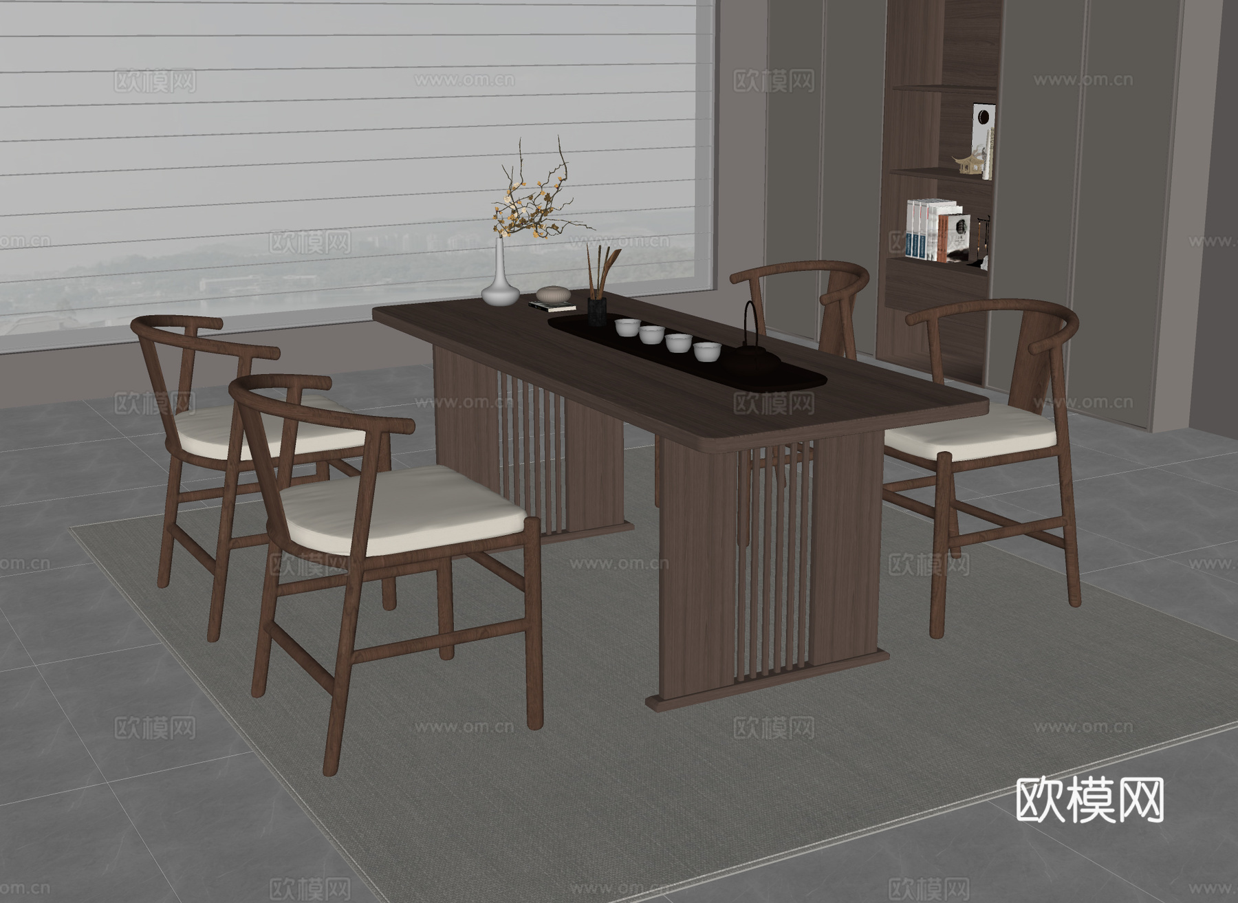新中式茶桌椅su模型