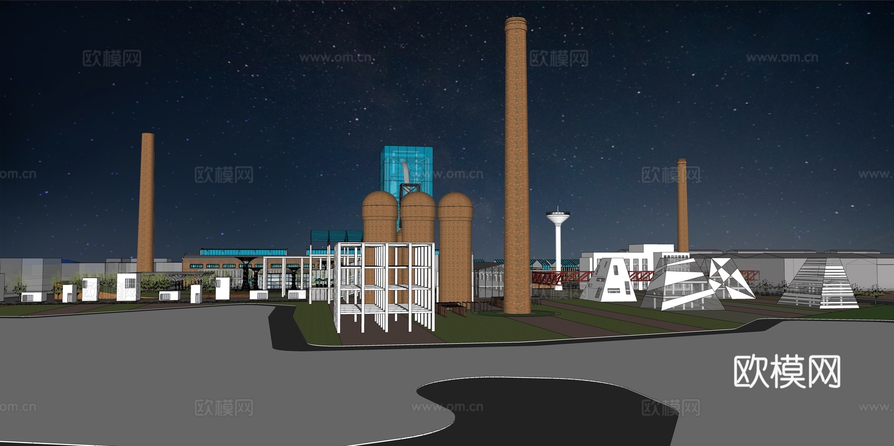 网红打卡工业建筑旧改工厂商业街su模型