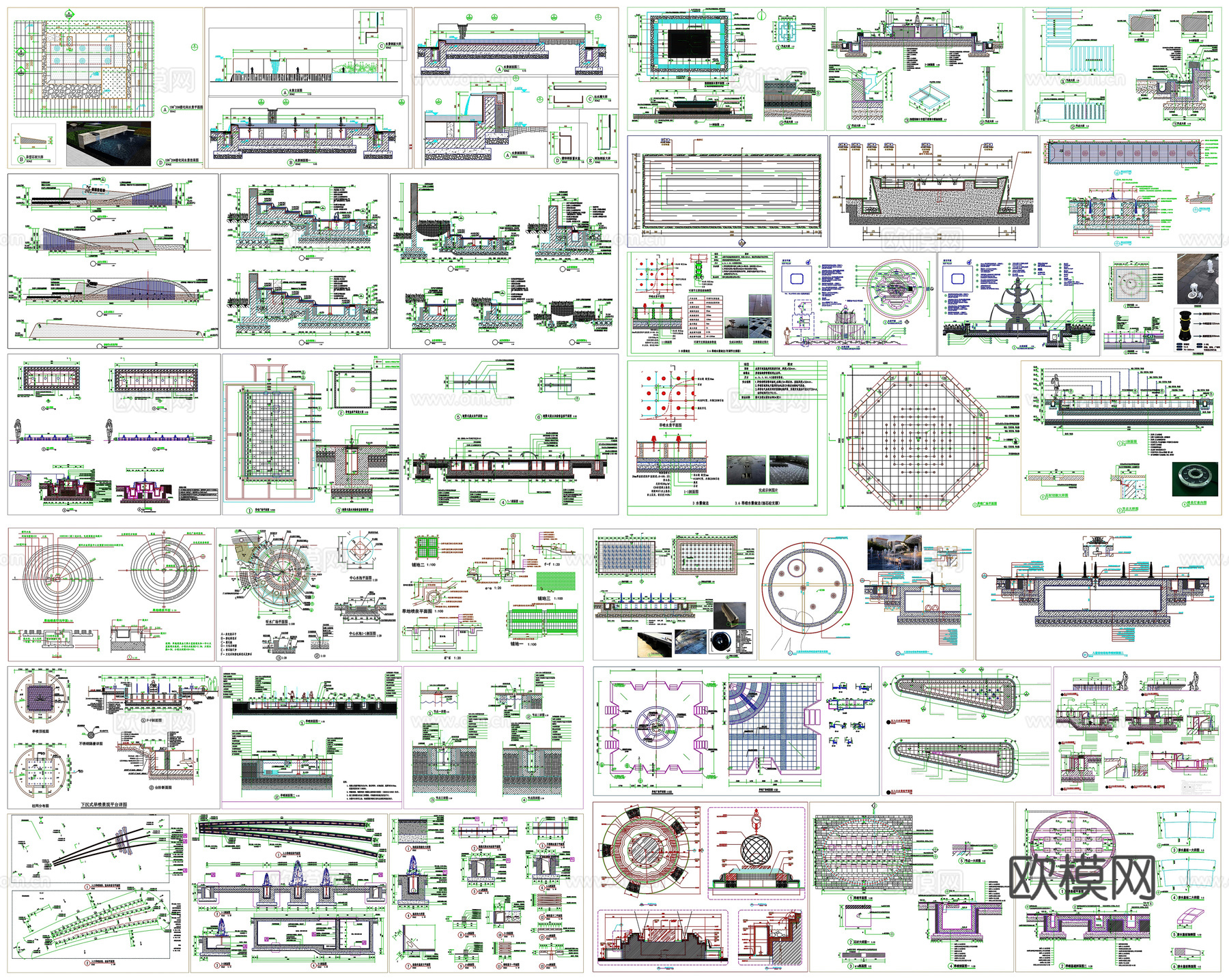 景观旱喷旱池喷泉水景剖面做法工艺详图节点CAD素材图库cad施工图