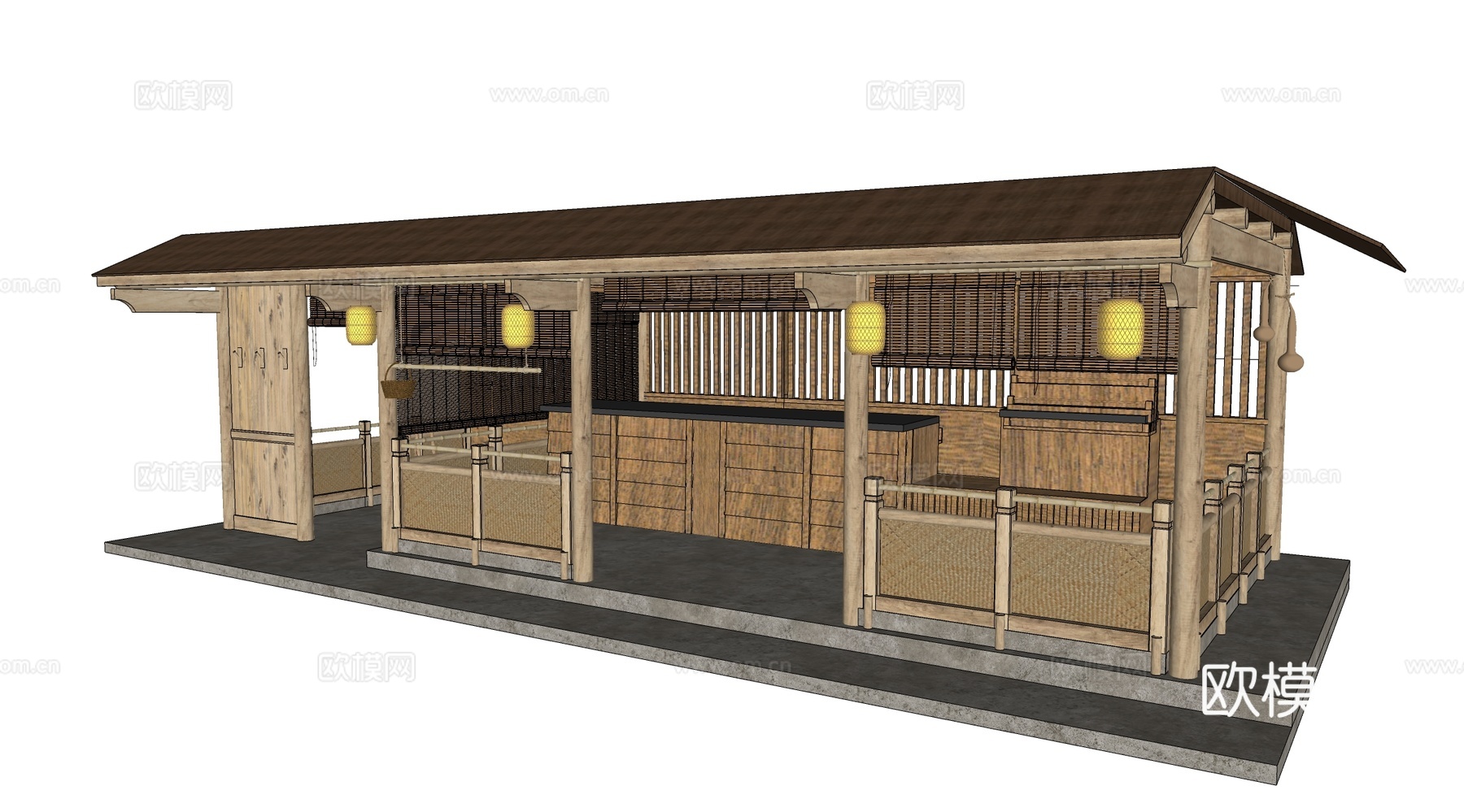 中式茶铺店铺廊架su模型