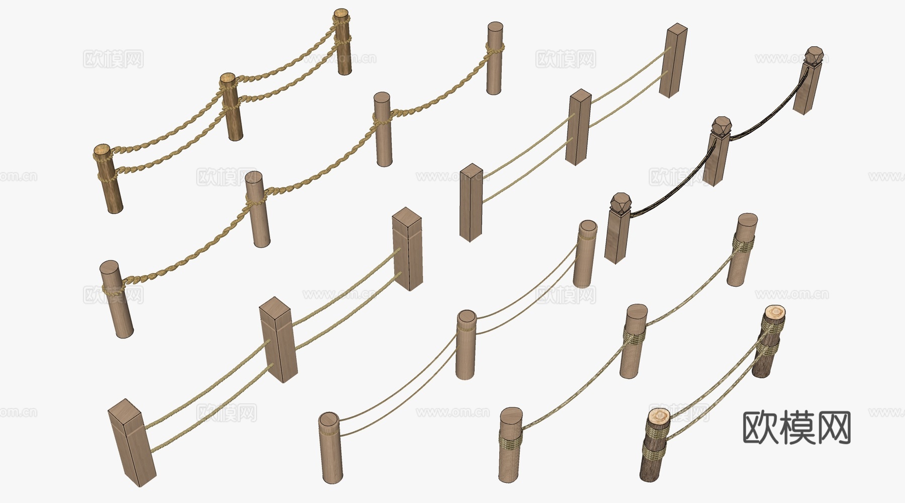 现代生态护栏 滨水护栏 绳索栏杆 户外木桩护栏su模型