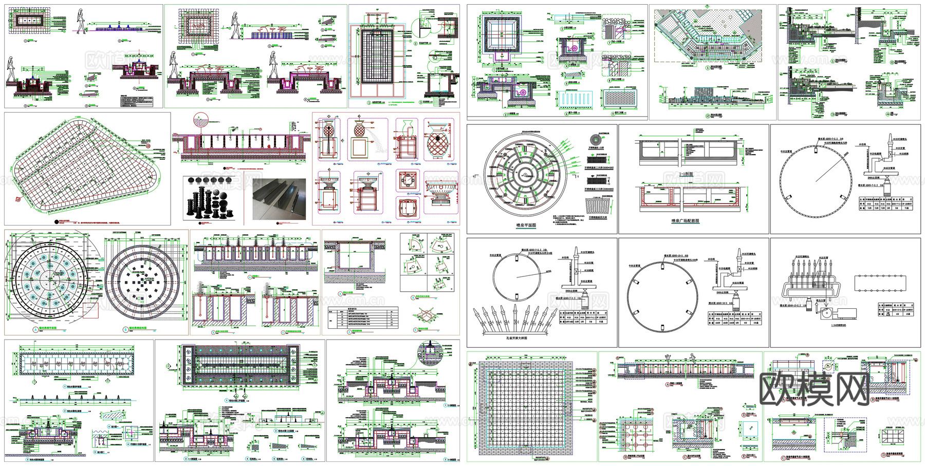 景观旱喷旱池喷泉水景剖面做法工艺详图节点CAD素材图库cad施工图