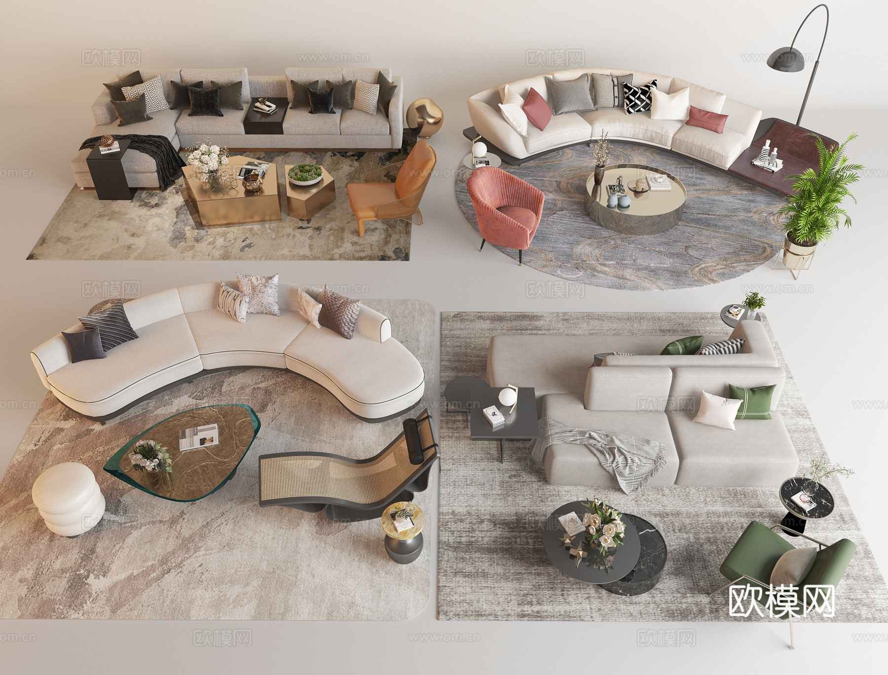 现代客厅沙发茶几组合 沙发 单椅 贵妃椅 几何造型茶几 绿植su模型