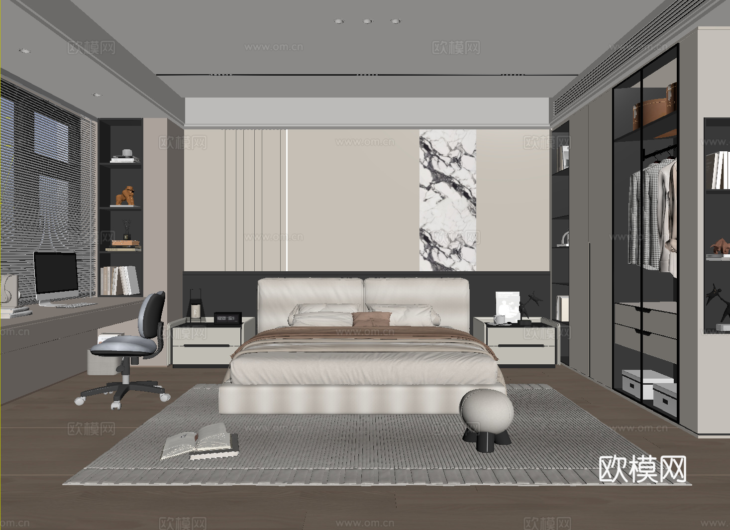 现代卧室 卧房 次卧 主卧 写字台su模型