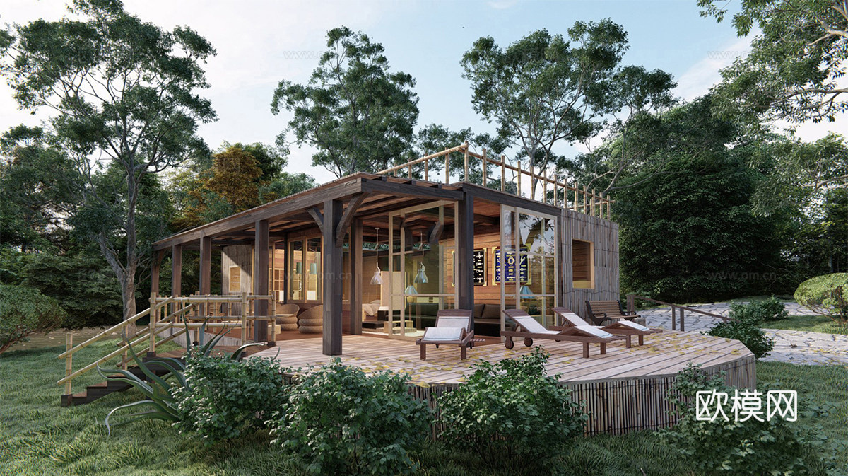 现代民宿建筑 山地游客驿站su模型