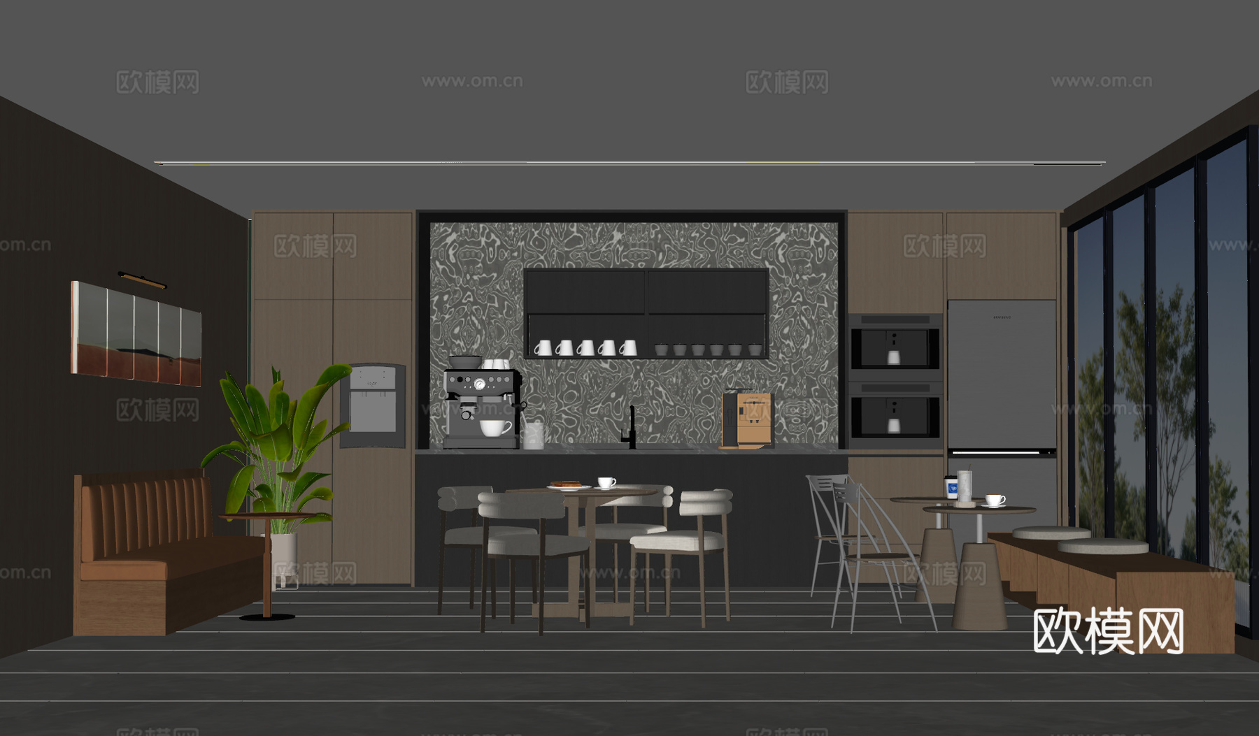 现代办公茶水间 饮水机 水吧台 卡座沙发 休闲区 洽谈桌椅su模型