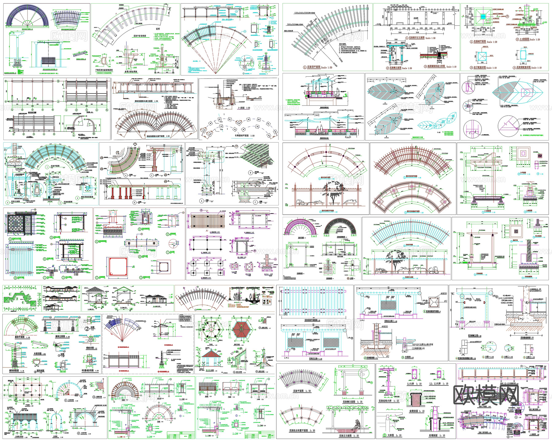 景观廊长廊花架剖面做法工艺详图节点CAD素材图库cad施工图cad施工图