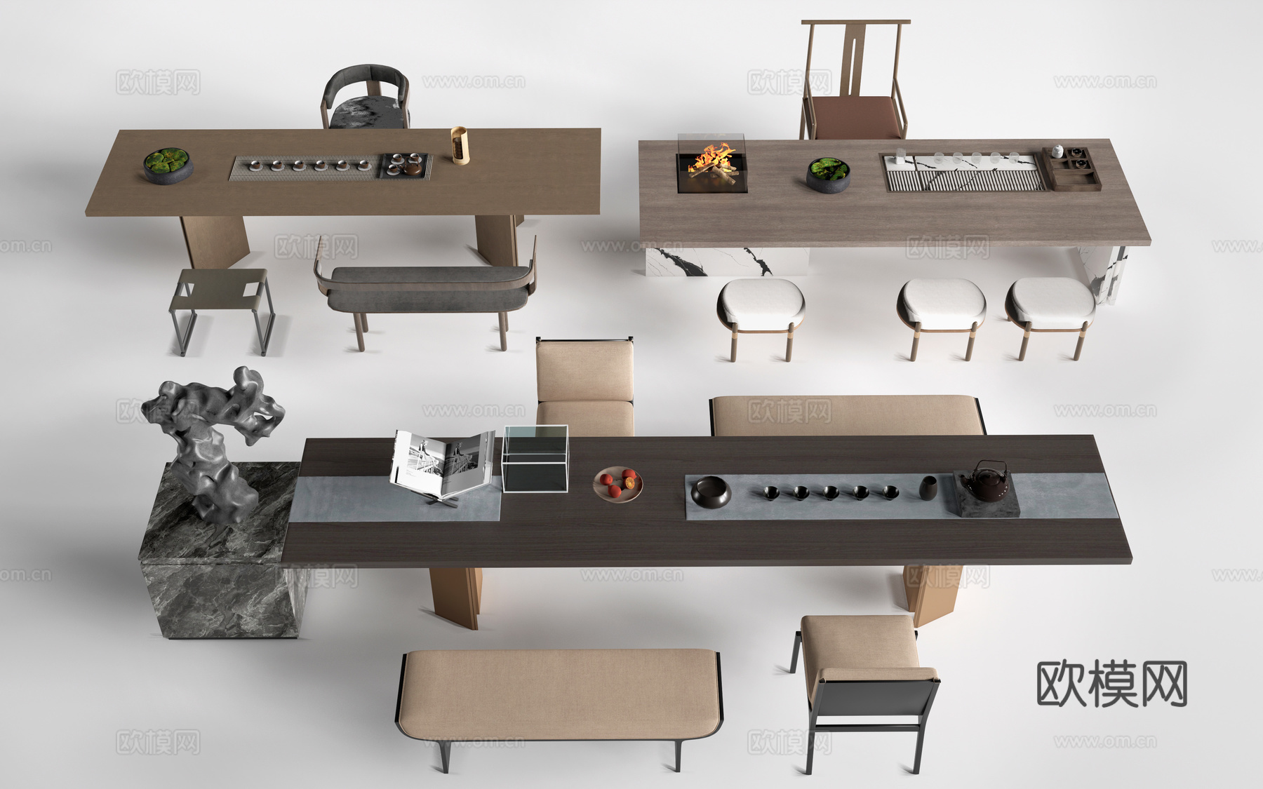 中式茶桌椅 榻榻米茶桌 茶台桌椅su模型