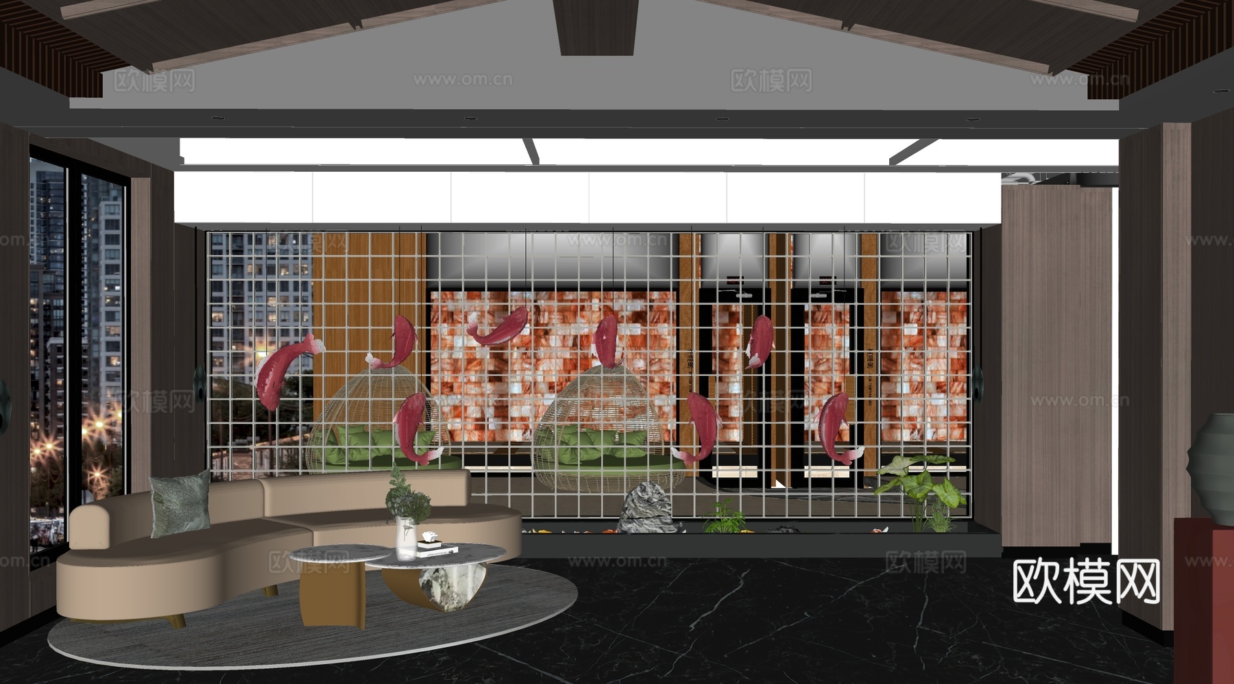 新中式酒店大堂 前厅 按摩店大堂su模型