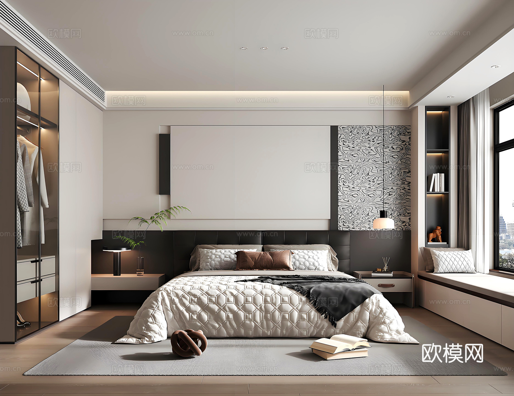 现代黑白灰卧室 双人床卧室 主卧 次卧 双人床su模型