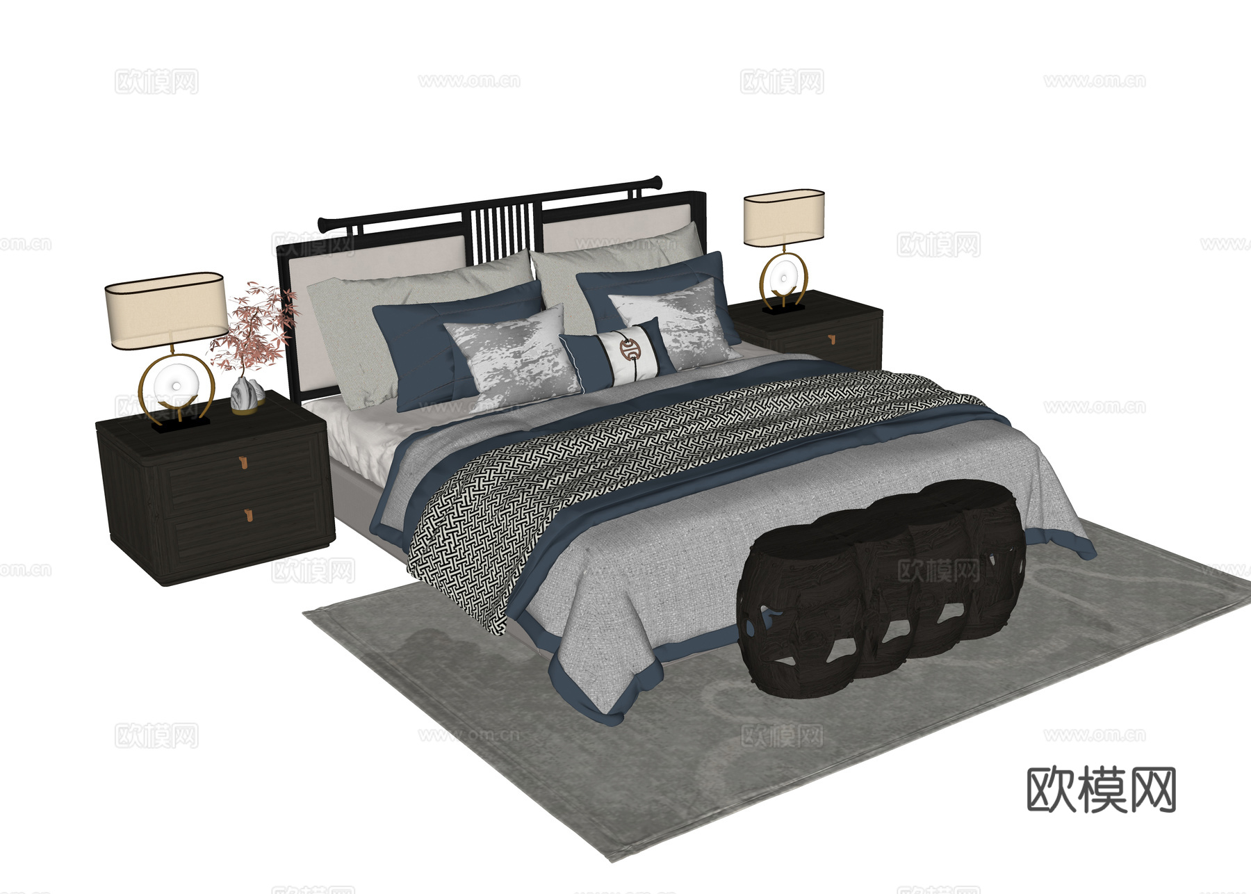 新中式双人床 床头柜su模型