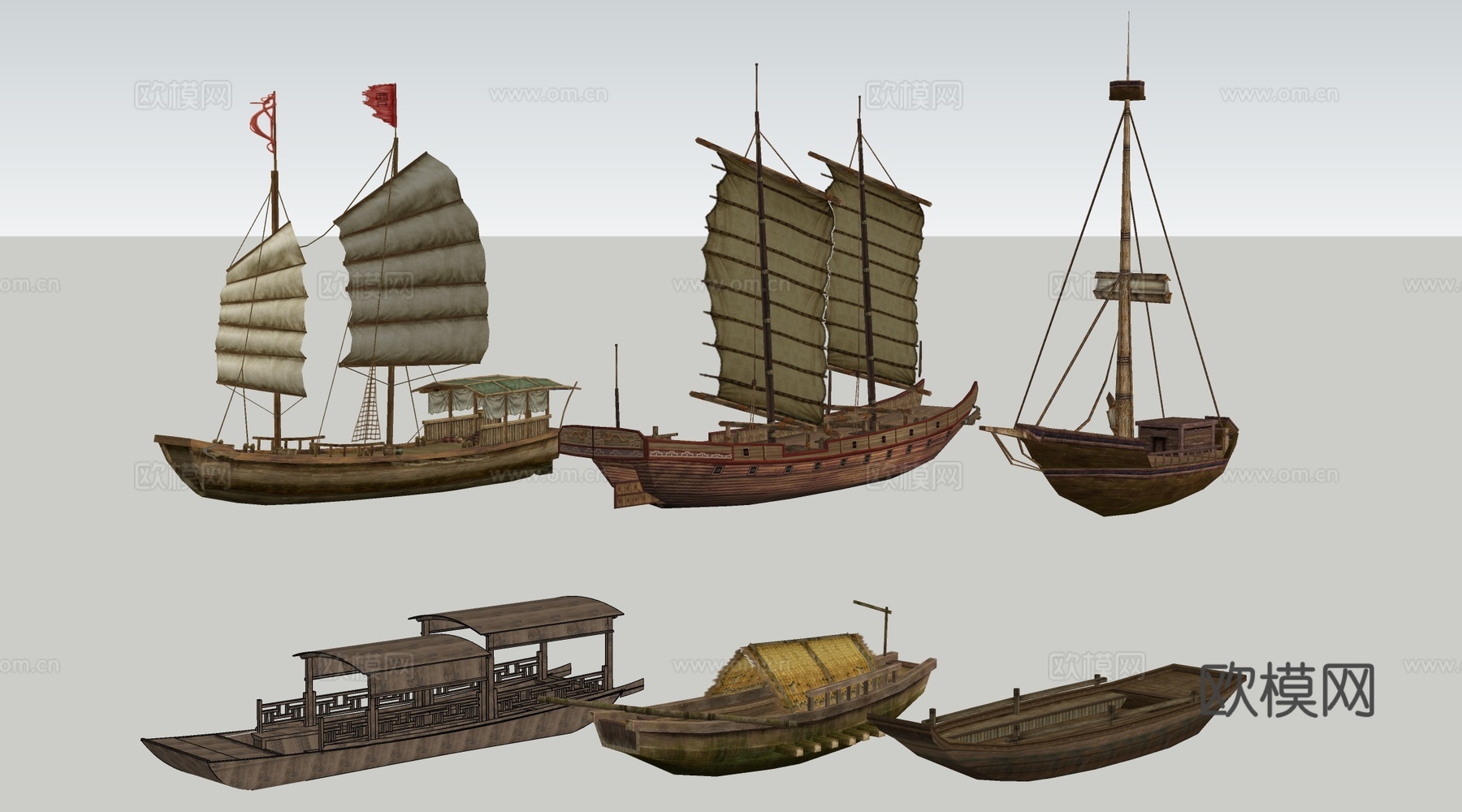 现代乌篷船 木船 渔船 帆船su模型