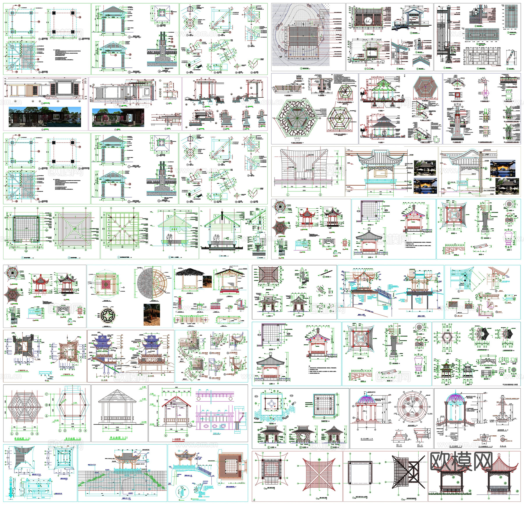 亭廊仿古亭景观亭凉亭茅草亭观景阁工艺详图节点CAD素材图库cad施工图