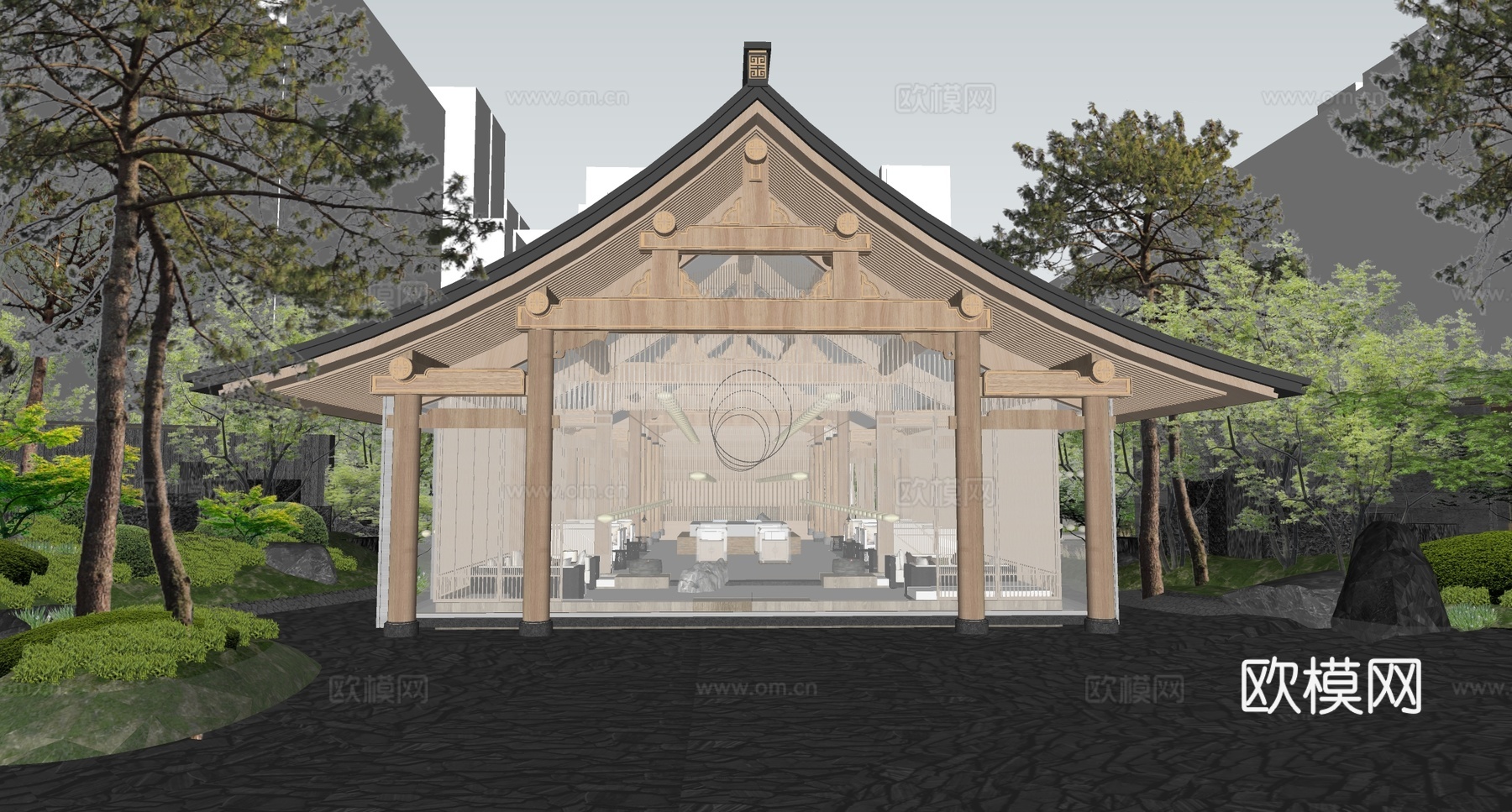 新中式风格建筑 中式榫卯建筑 木结构建筑su模型