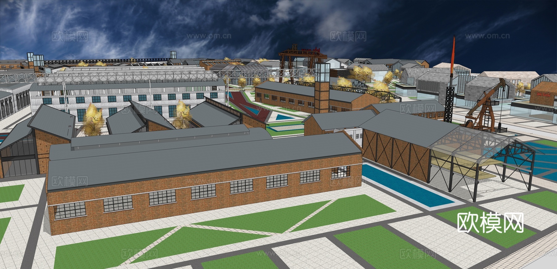 网红打卡工业建筑旧改工厂商业街su模型