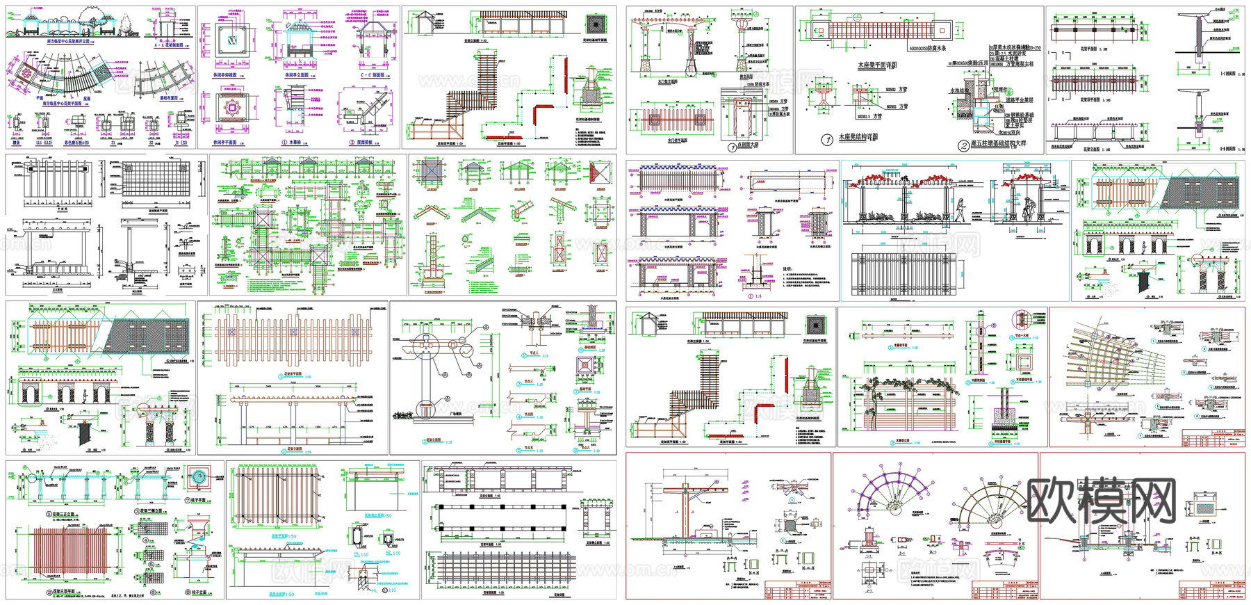 景观廊长廊花架剖面做法工艺详图节点CAD素材图库cad施工图cad施工图