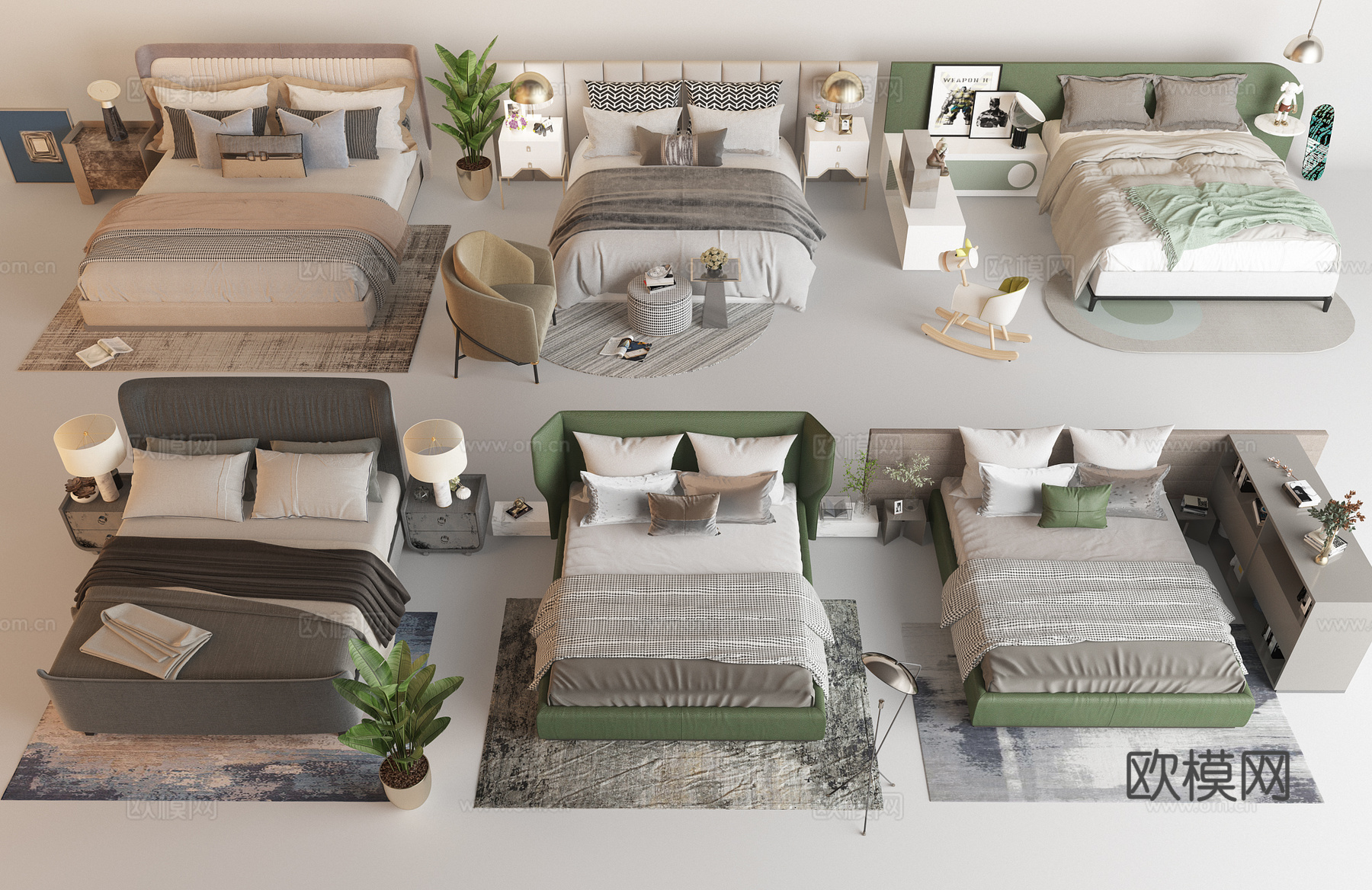 现代双人床组合 皮质双人床 北欧双人床 儿童床 床头柜 单椅su模型