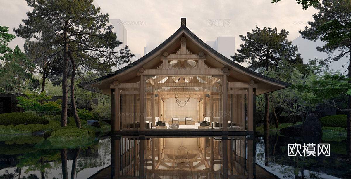 新中式风格建筑 中式榫卯建筑 木结构建筑su模型