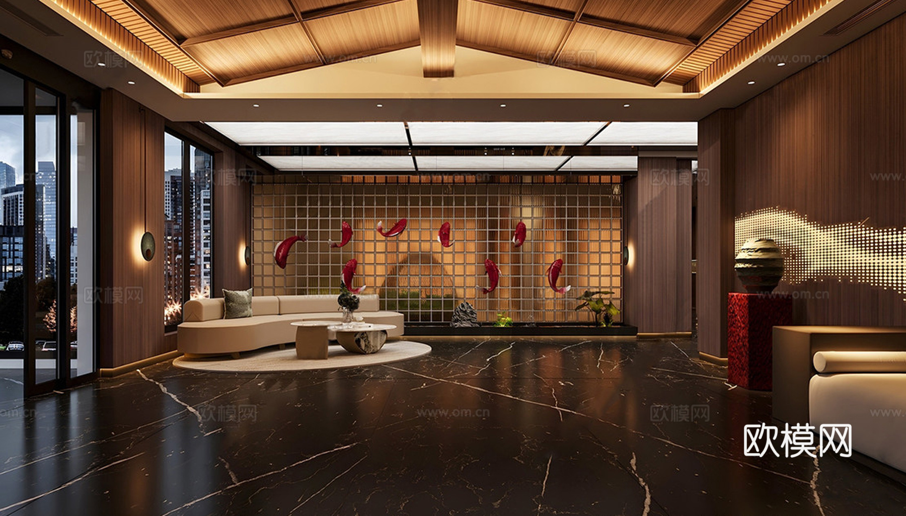 新中式酒店大堂 前厅 按摩店大堂su模型