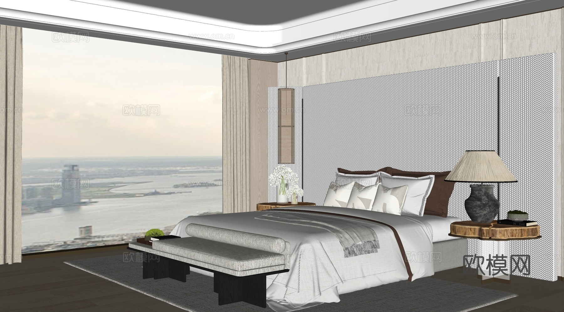 意式卧室 米洛提卧室 现代卧室 双人床组合 现代双人床组合su模型