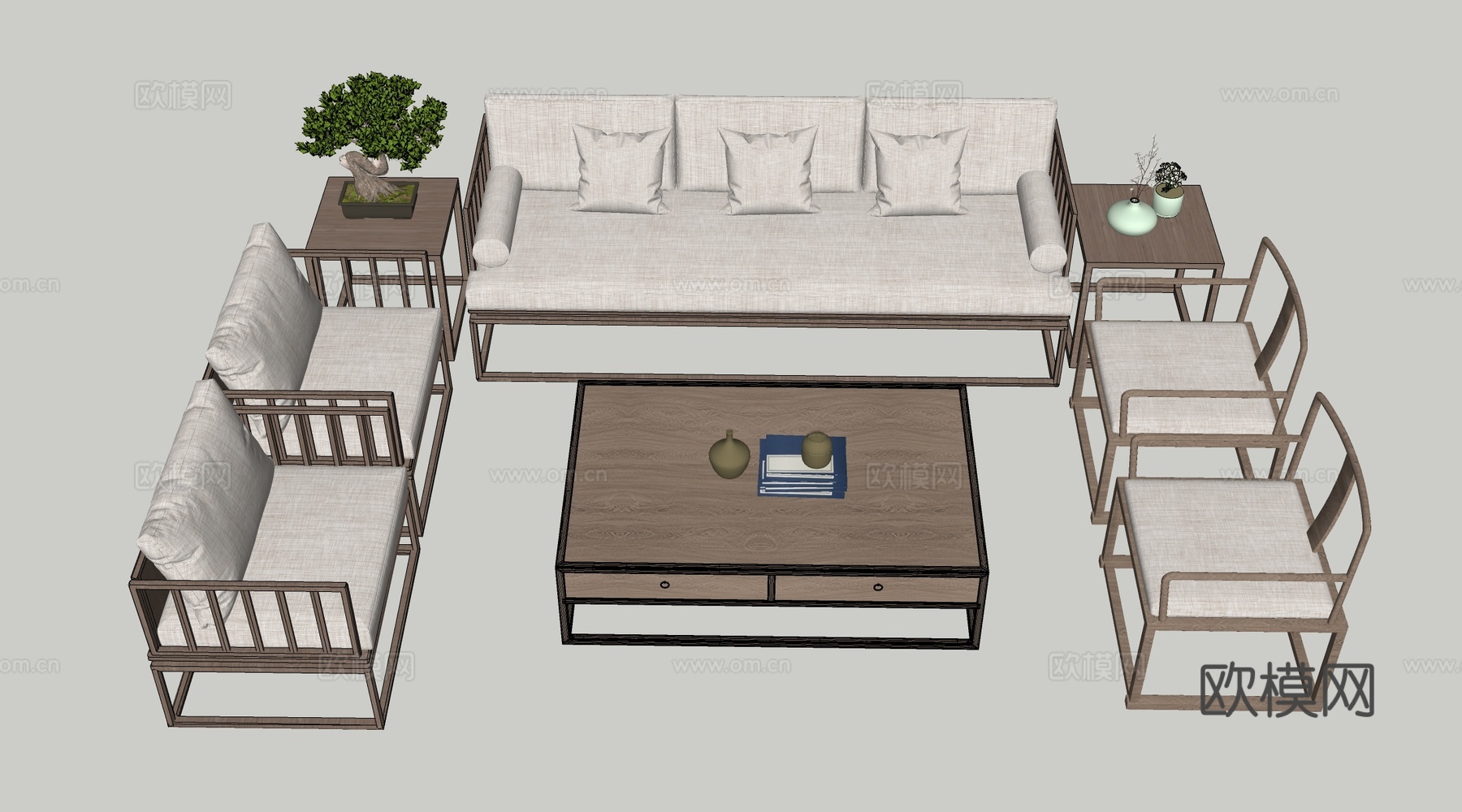 新中式家具 新中式沙发 沙发茶几组合su模型