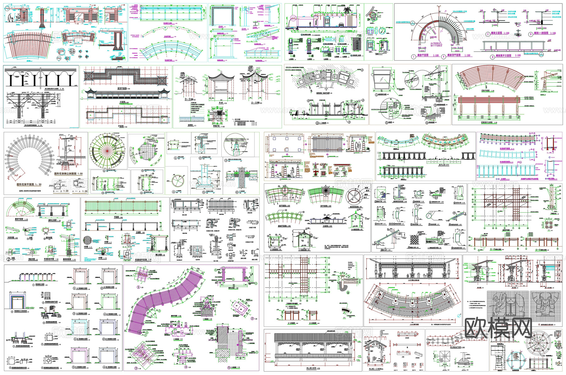 景观廊长廊花架剖面做法工艺详图节点CAD素材图库cad施工图