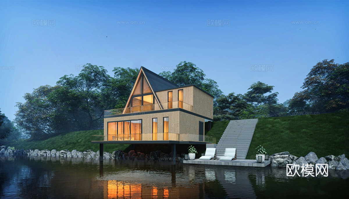 现代滨水民宿建筑 木屋建筑su模型