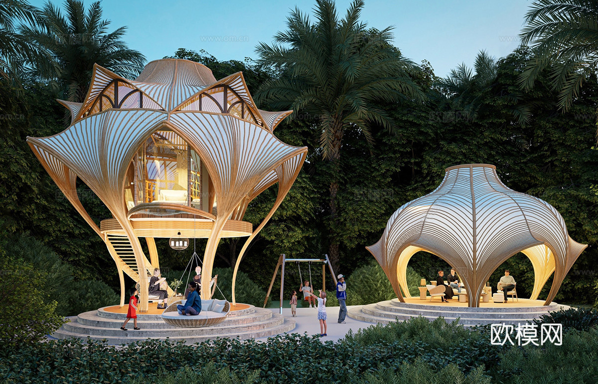 东南亚风格森林木屋 民宿度假酒店 竹编小屋su模型