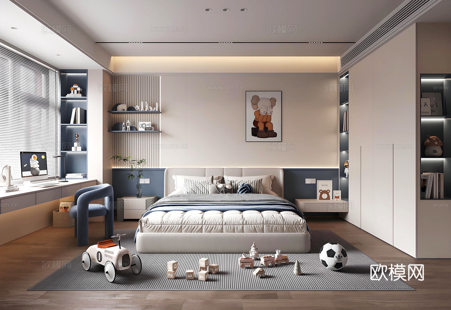 现代儿童房 儿童卧室 男孩房 男孩卧室免费su模型下载（渲染图1）