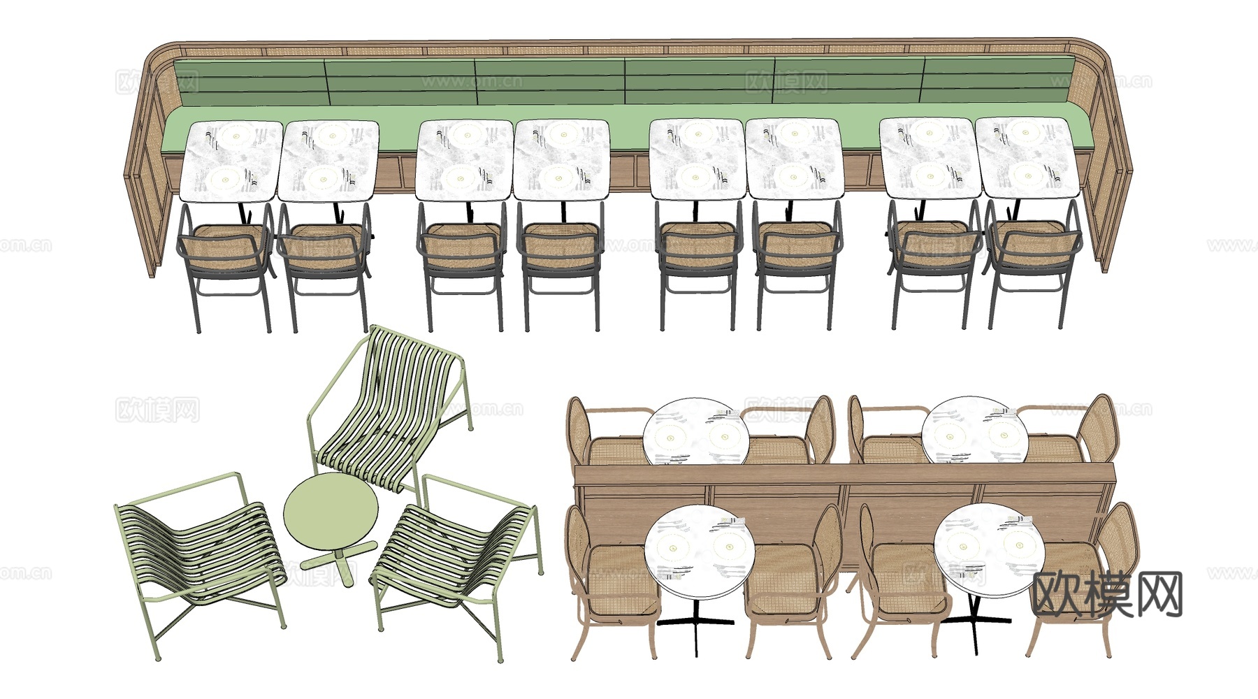 现代餐饮桌椅 餐桌椅 卡座餐桌 餐厅桌椅su模型
