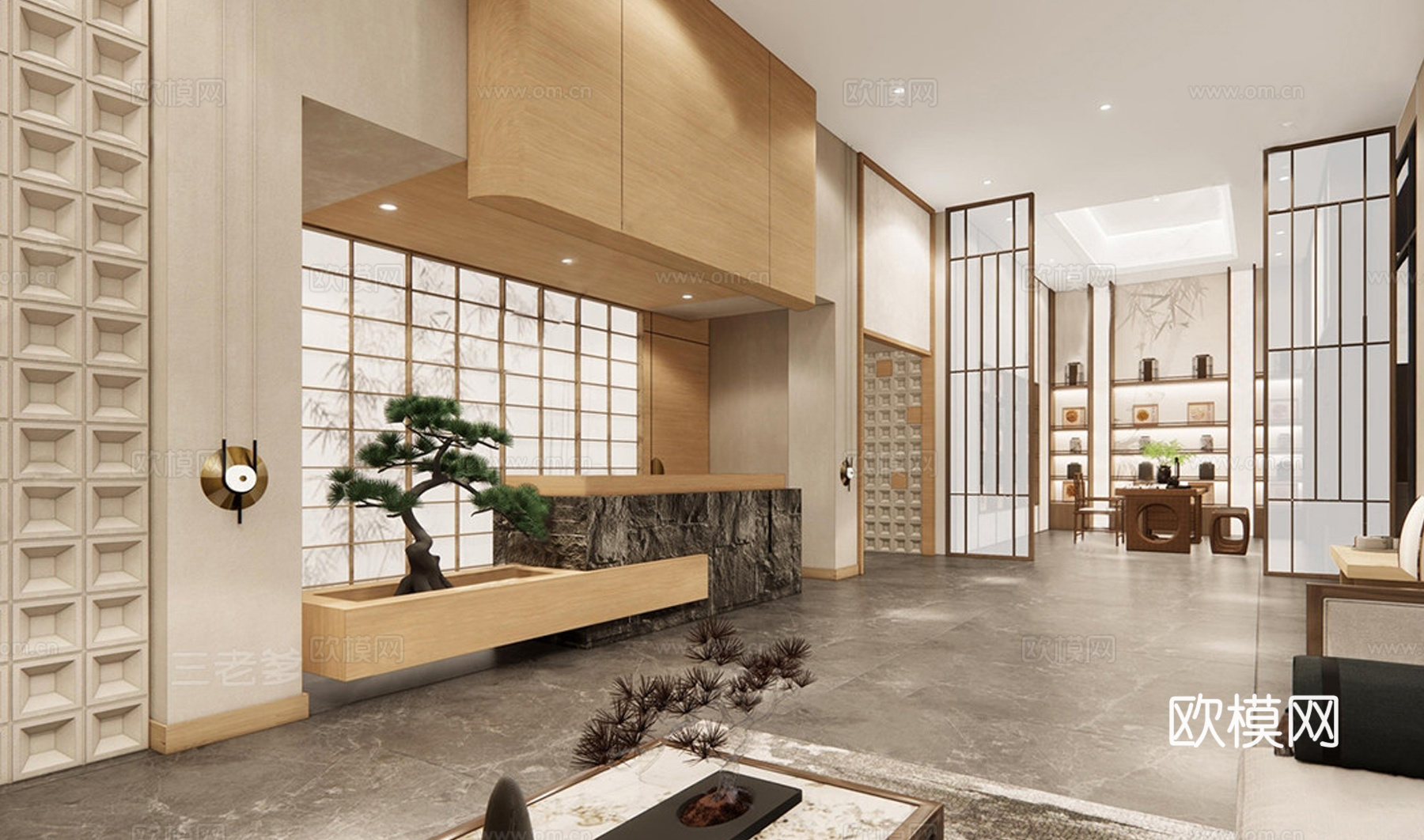 新中式酒店大堂 酒店大厅 足浴店大厅su模型