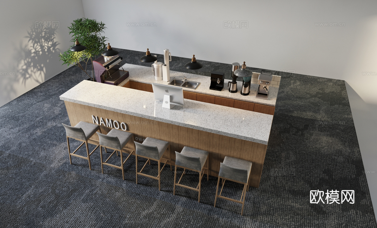 现代风格吧台_吧椅_吊灯_长桌椅su模型