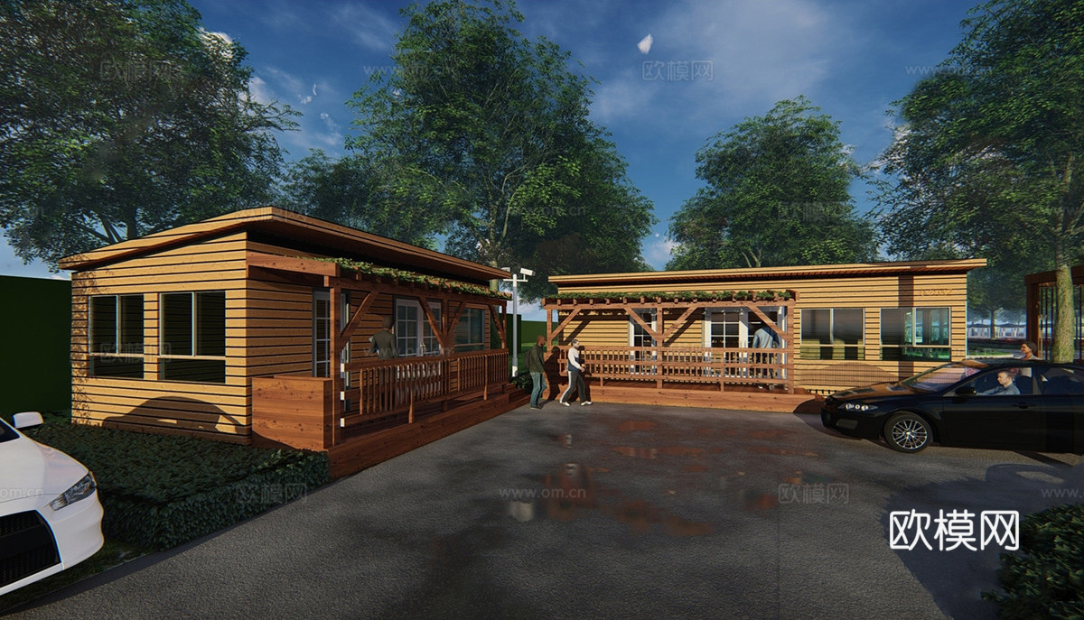 现代驿站建筑  木屋建筑su模型